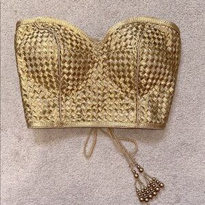 Gold Strapless Bustier Woven Top with lace up back